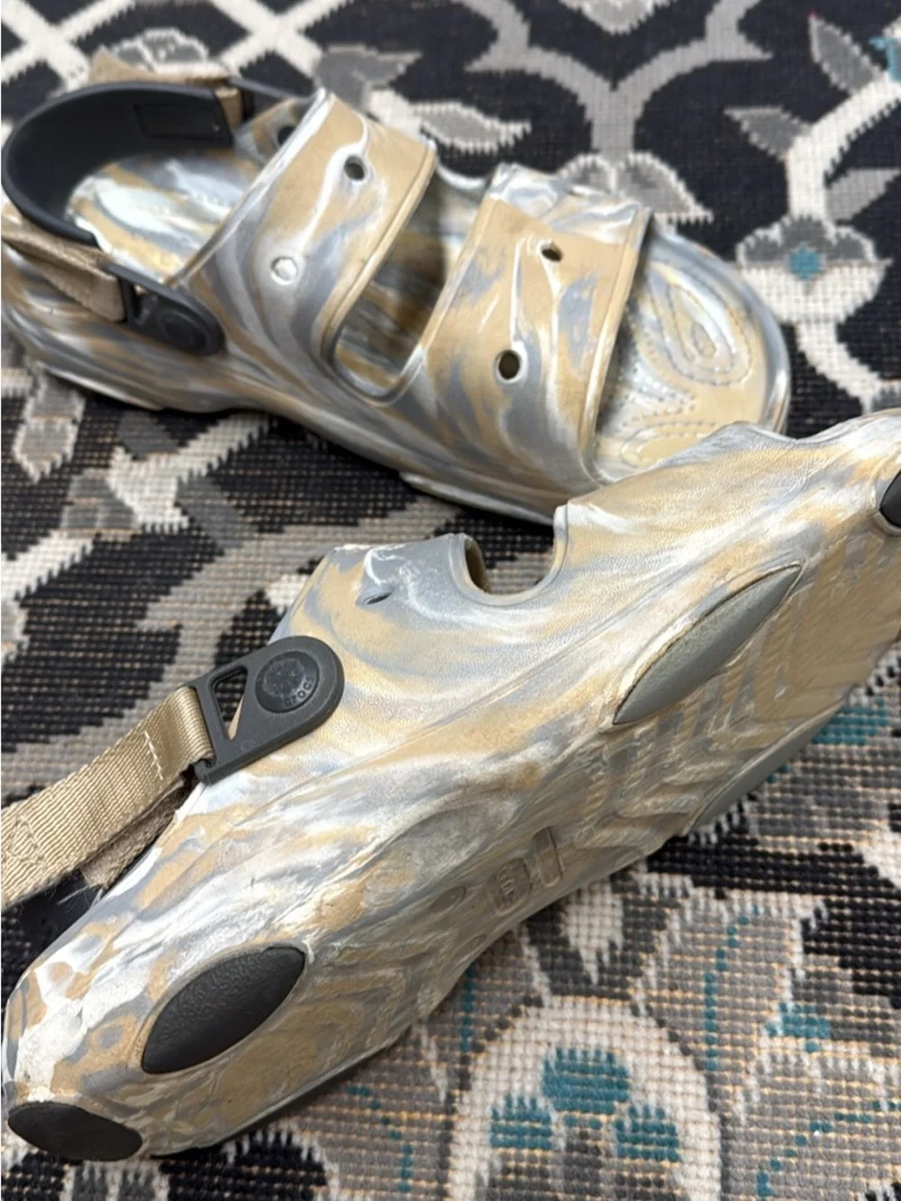 CROCS Men's Marbled Silver and Tan Dual-Strap Sandals